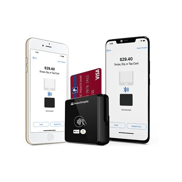 Two Smartphones with a Mobile Credit Card Processing Card Reader and Pacific Premier Bank Visa Card